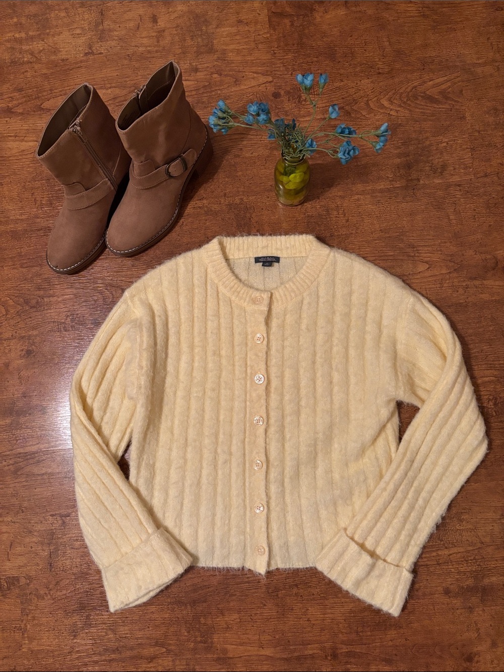 Wild Fable  Pale Yellow Ribbed Button-Front Cardigan
